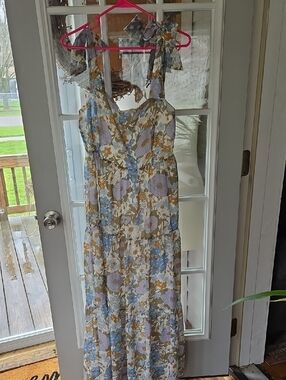 mittoshop Blue, Cream & Mustard Floral Tie-Shoulder Maxi Dress